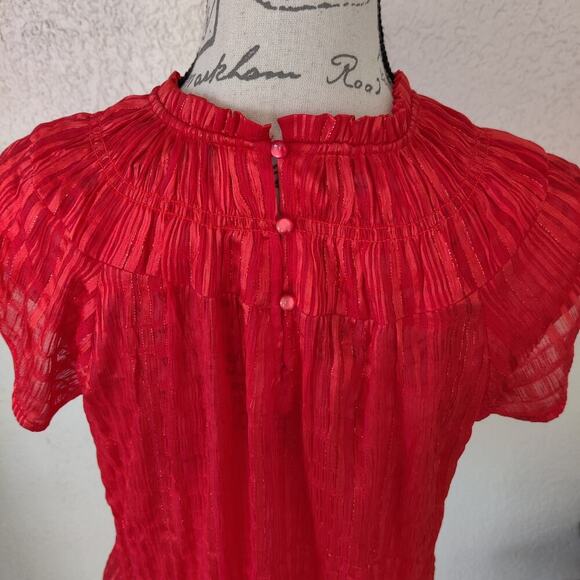 Nanette Lepore Short Cap Sleeve Blouse S Striped Metallic Ruffle Neck Orange Red - Picture 3 of 11